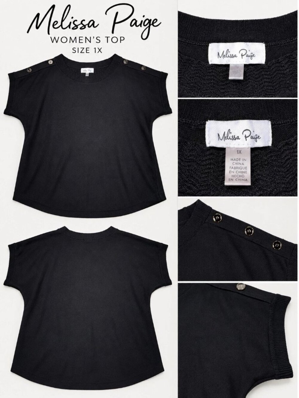 Melissa Paige Black Top with Back and Silver Accent Buttons 1X